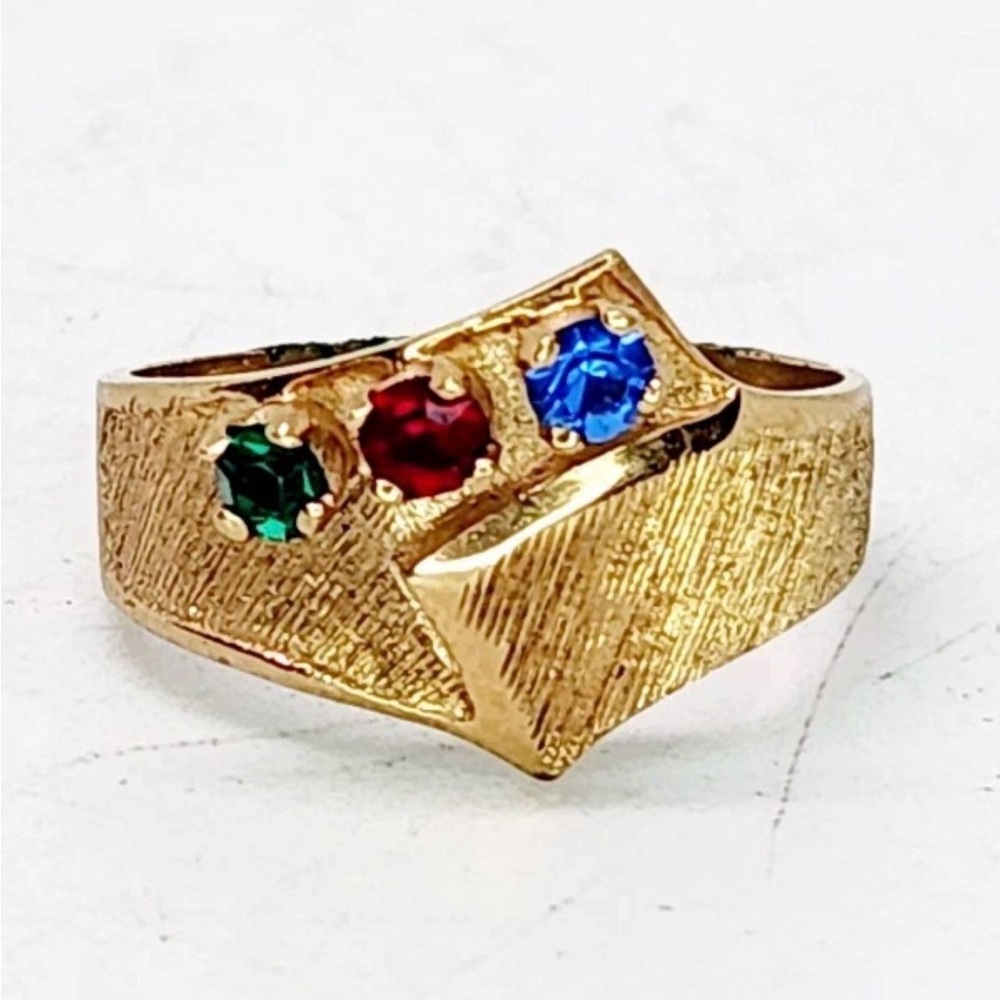Vintage Brass Gold Ring Size 7 Multicolor Gemstone Ring Statement Retro Jewelry
